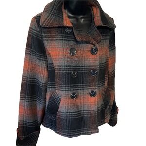 Dollhouse Red Black Plaid Wool Blend Double Breasted Peacoat Jacket Medium